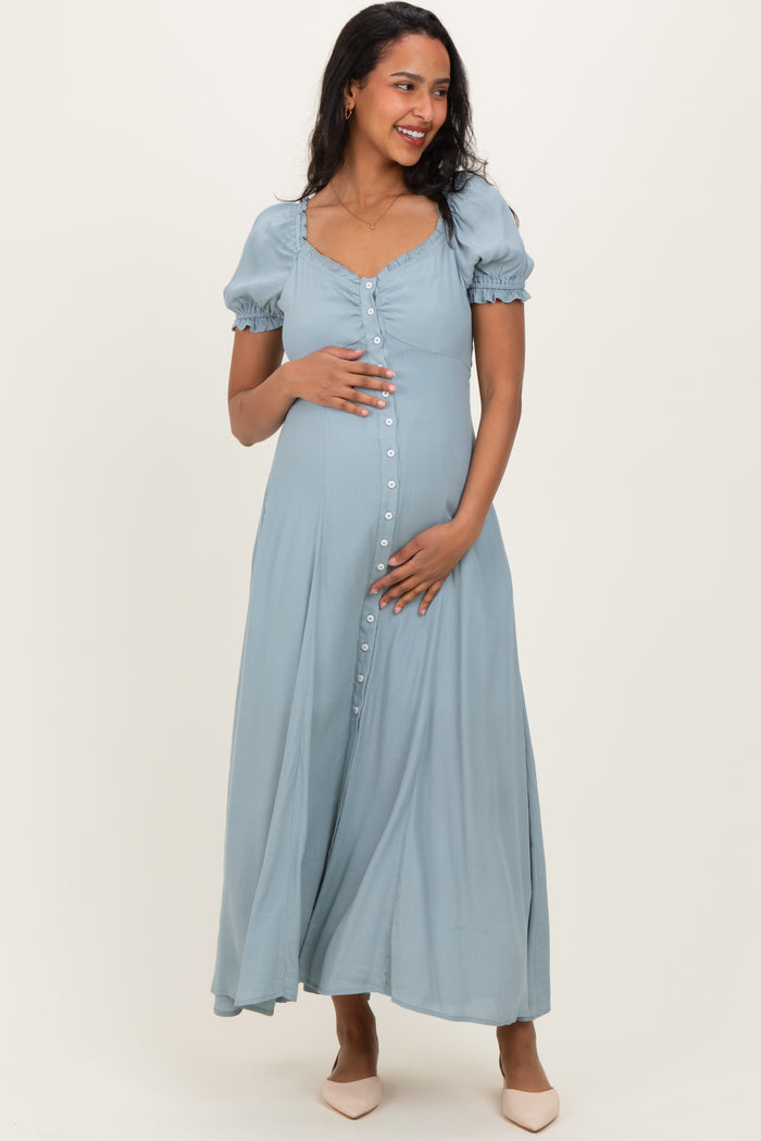 Dusty Blue Button Down Ruffle Trim Maternity Maxi Dress