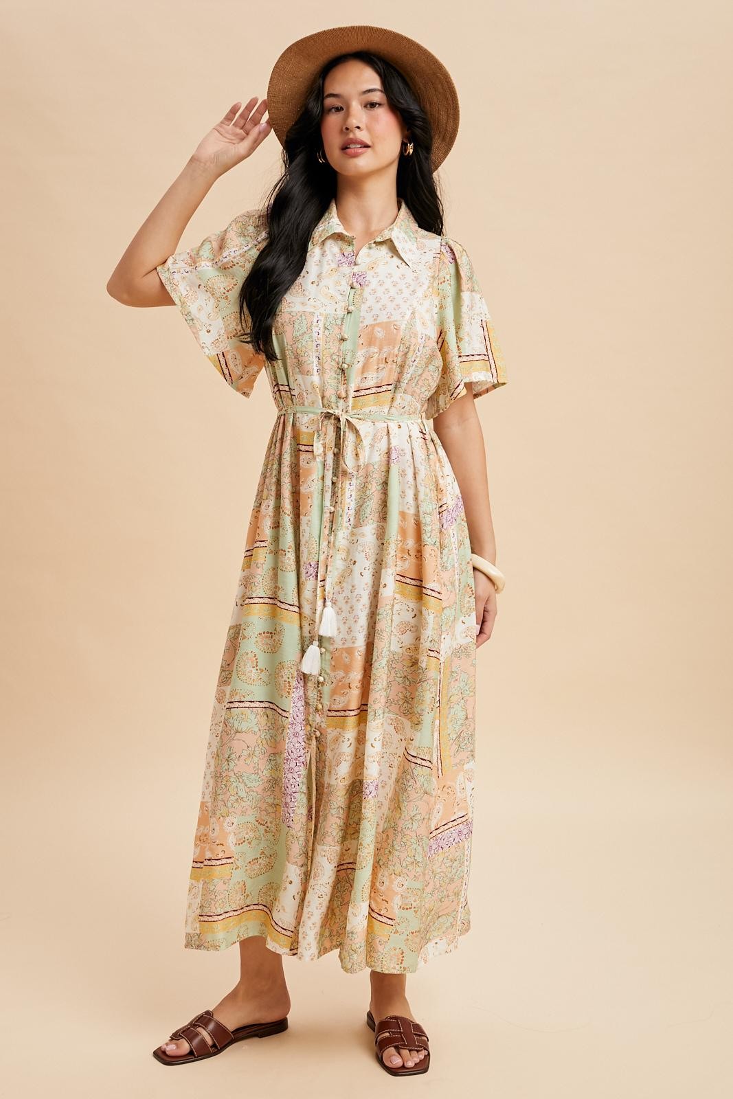 Multicolor Patchwork Print Button Down Maxi Dress
