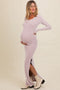 Oatmeal Ribbed Long Sleeve Side Slit Maternity Maxi Dress