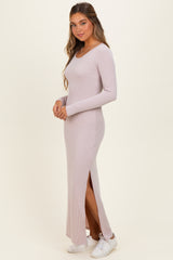 Oatmeal Ribbed Long Sleeve Side Slit Maxi Dress