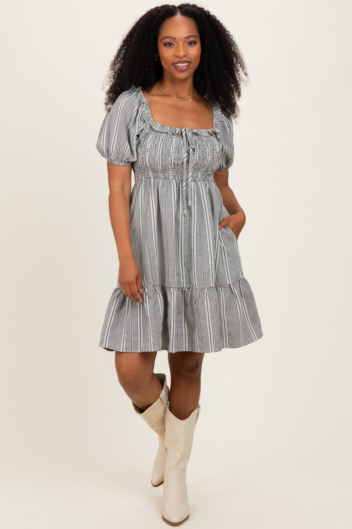 Black Gingham Smocked Ruffled Puff Sleeve Dress