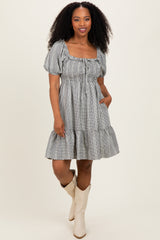 Black Gingham Smocked Ruffled Puff Sleeve Maternity Dress