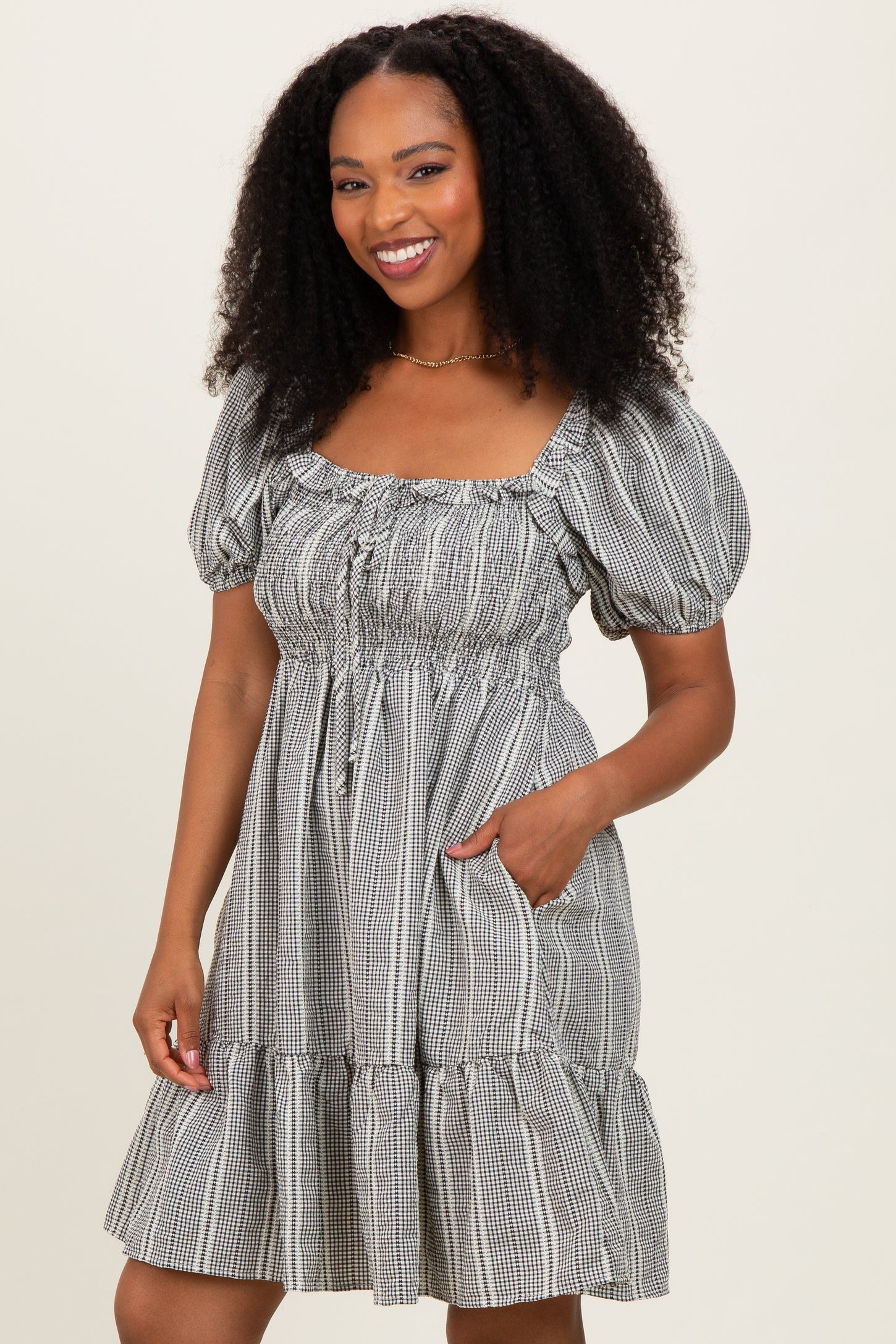 Black Gingham Smocked Ruffled Puff Sleeve Dress