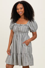 Black Gingham Smocked Ruffled Puff Sleeve Dress