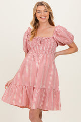 Red Gingham Smocked Ruffled Puff Sleeve Maternity Dress