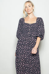 Navy Floral Smocked Button Accent Maxi Dress
