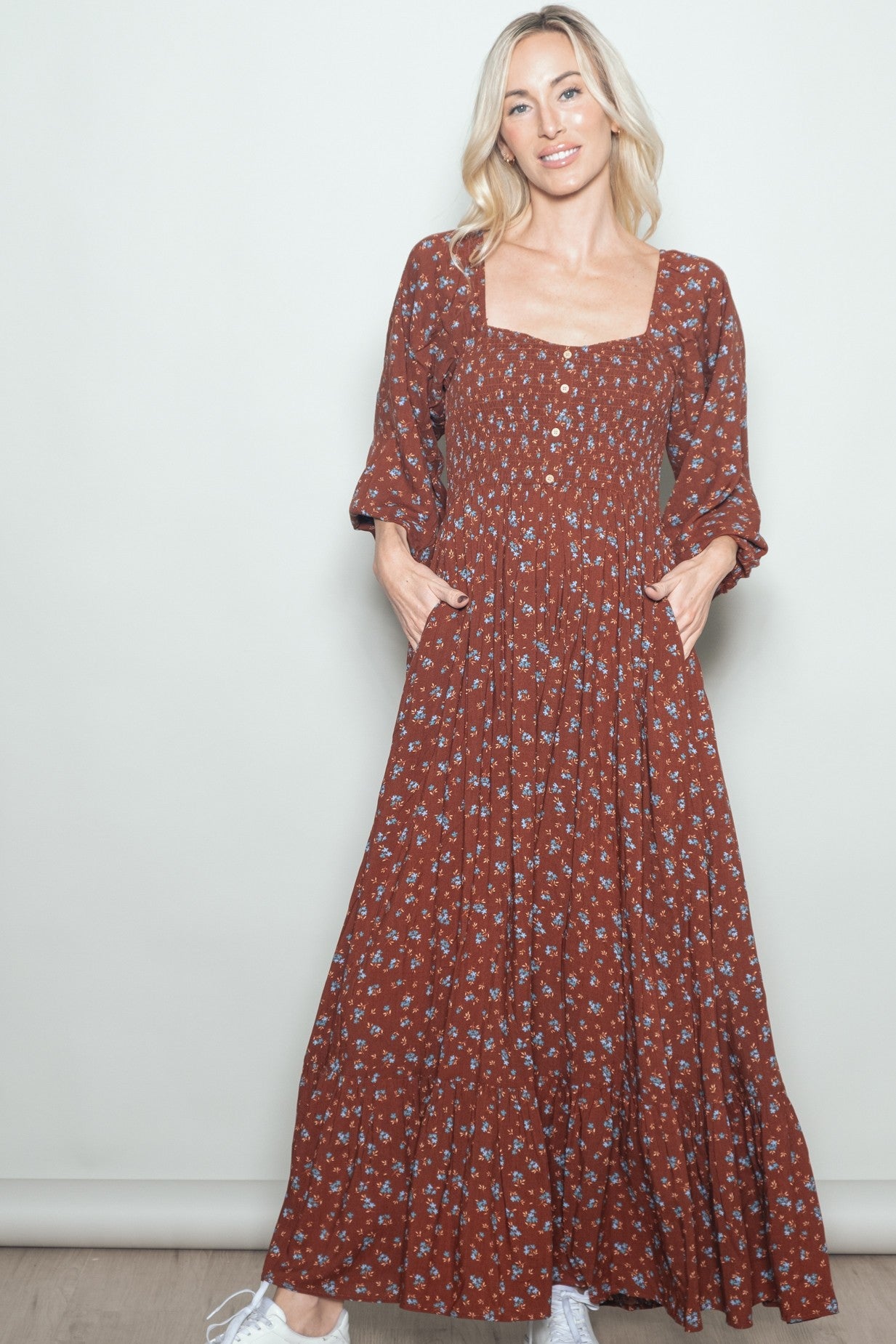 Mahogany Floral Smocked Button Accent Maternity Maxi Dress