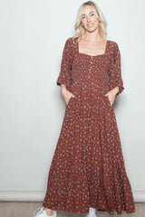 Mahogany Floral Smocked Button Accent Maternity Maxi Dress