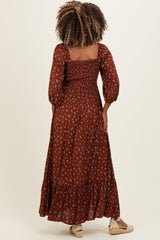 Mahogany Floral Smocked Button Accent Maternity Maxi Dress