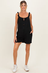 Black Stripe Front Tie Linen Blend Maternity Romper