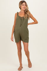 Olive Stripe Front Tie Linen Blend Maternity Romper