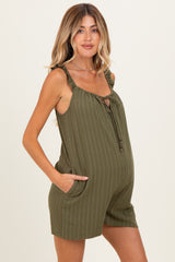 Olive Stripe Front Tie Linen Blend Maternity Romper