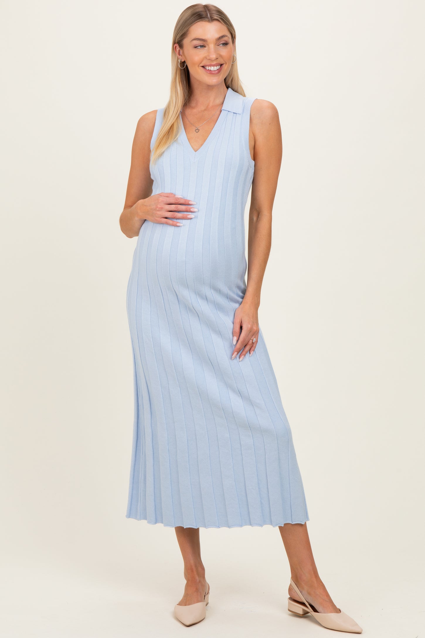 Sky Knit Collared Sleeveless Maternity Maxi Dress
