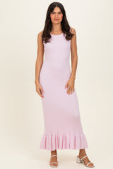 Light Pink Ribbed Knit Sleeveless Ruffle Hem Maxi Dress