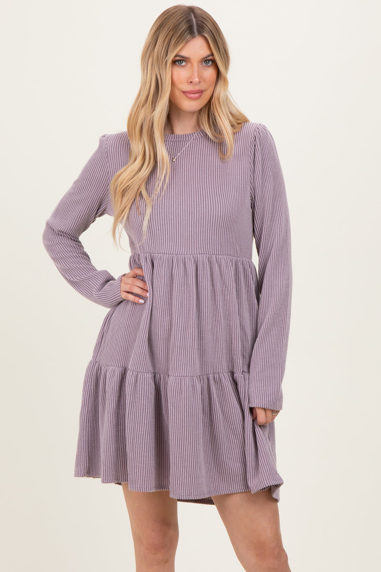 Lavender Textured Rib Tiered Long Sleeve Dress