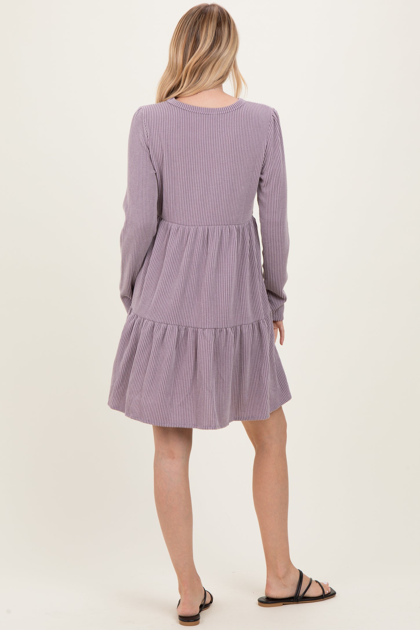 Lavender Textured Rib Tiered Long Sleeve Dress