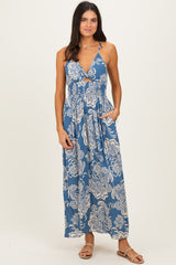 Blue Floral Twist Front Tie Back Maxi Dress