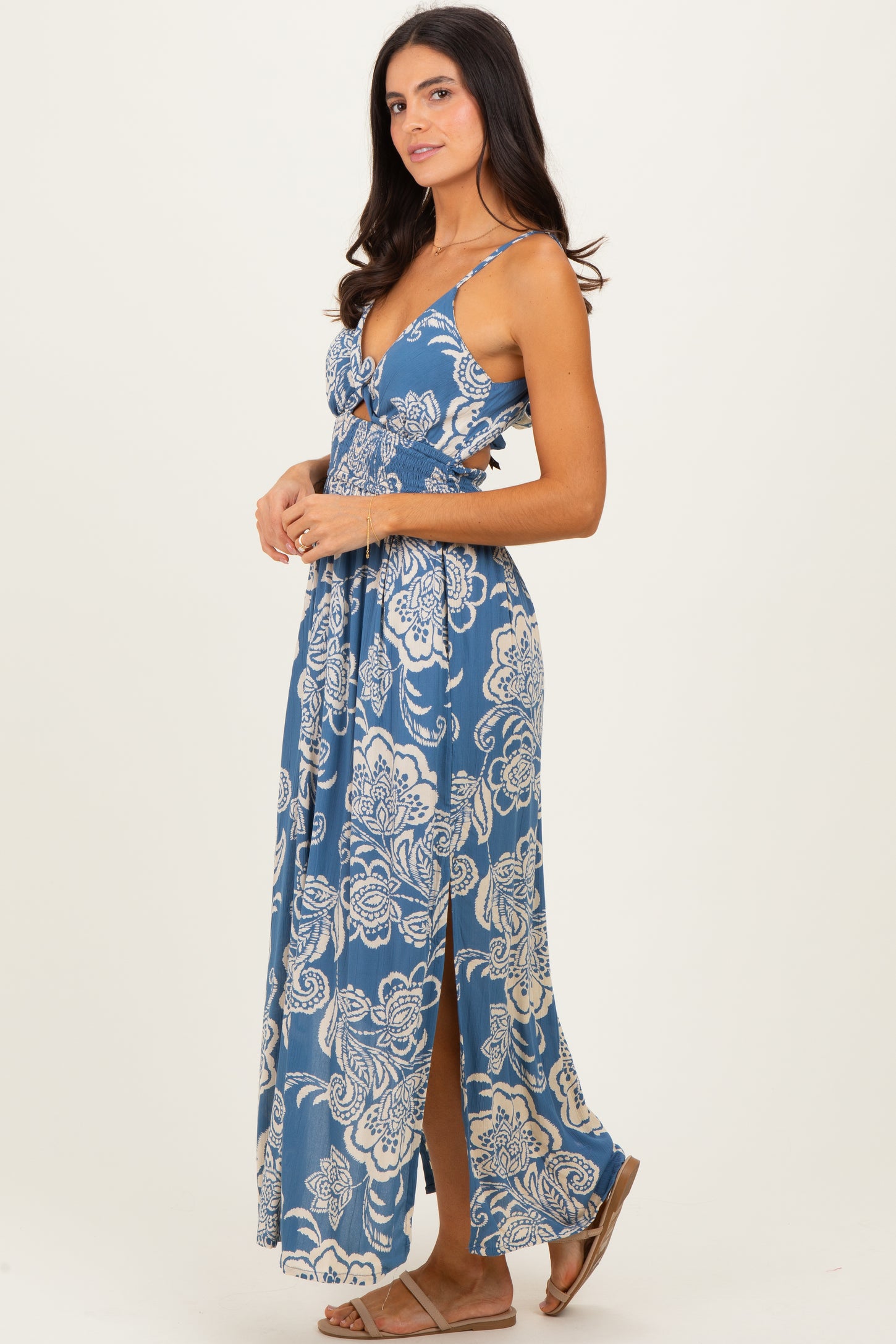 Blue Floral Twist Front Tie Back Maxi Dress