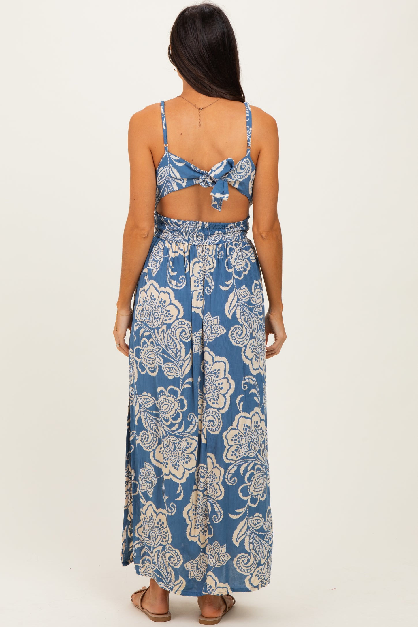 Blue Floral Twist Front Tie Back Maxi Dress