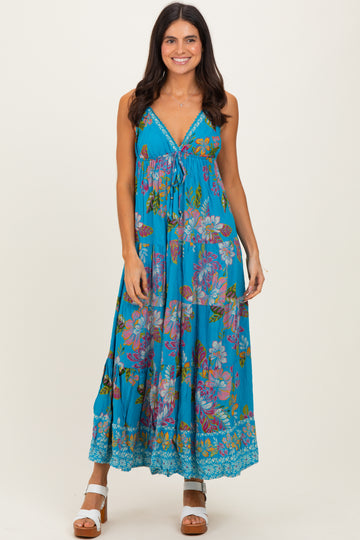 Turquoise Floral Deep V-Neck Tiered Maxi Dress