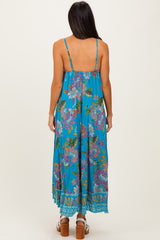 Turquoise Floral Deep V-Neck Tiered Maxi Dress