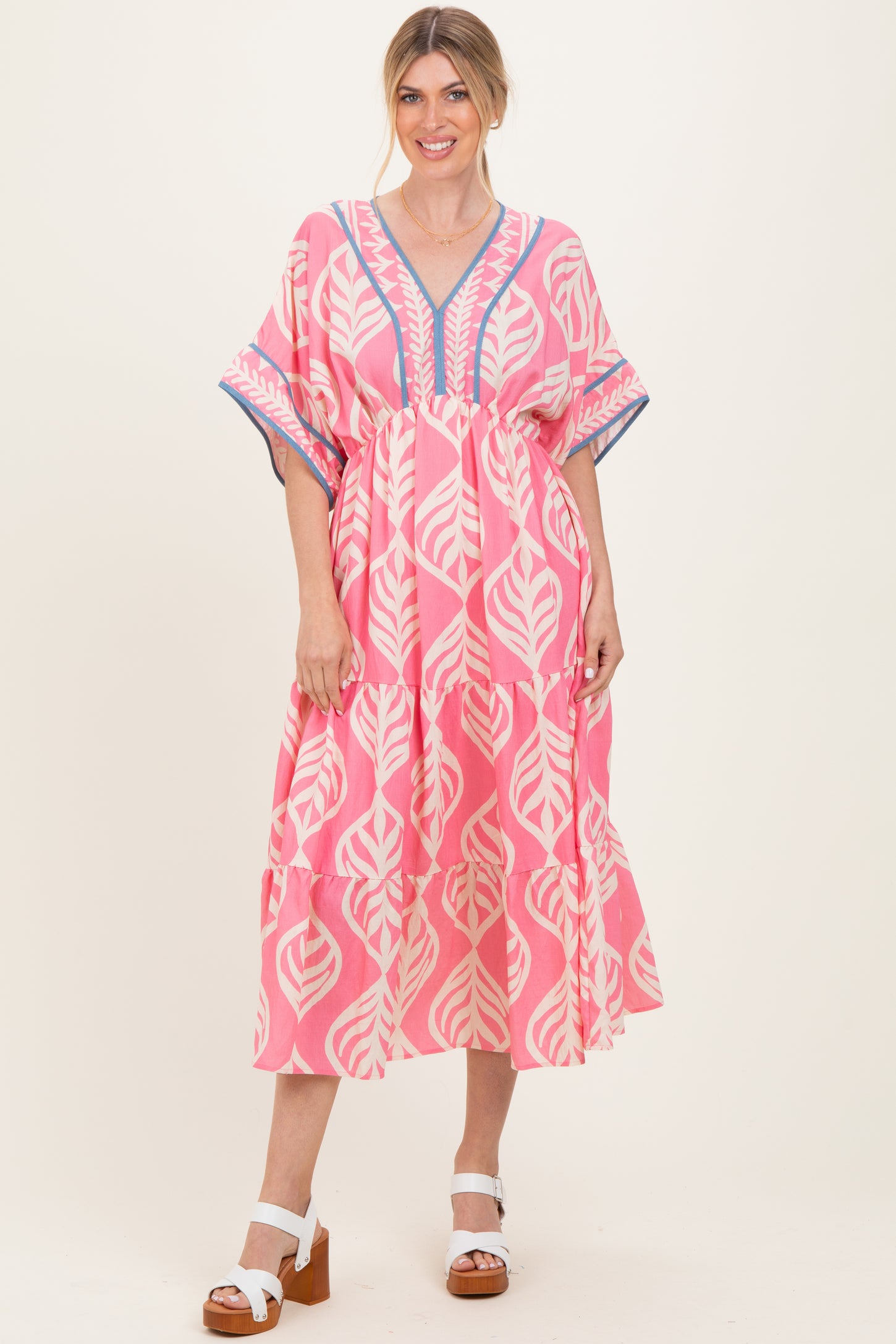 Pink Printed Dolman Sleeve Maxi Dress