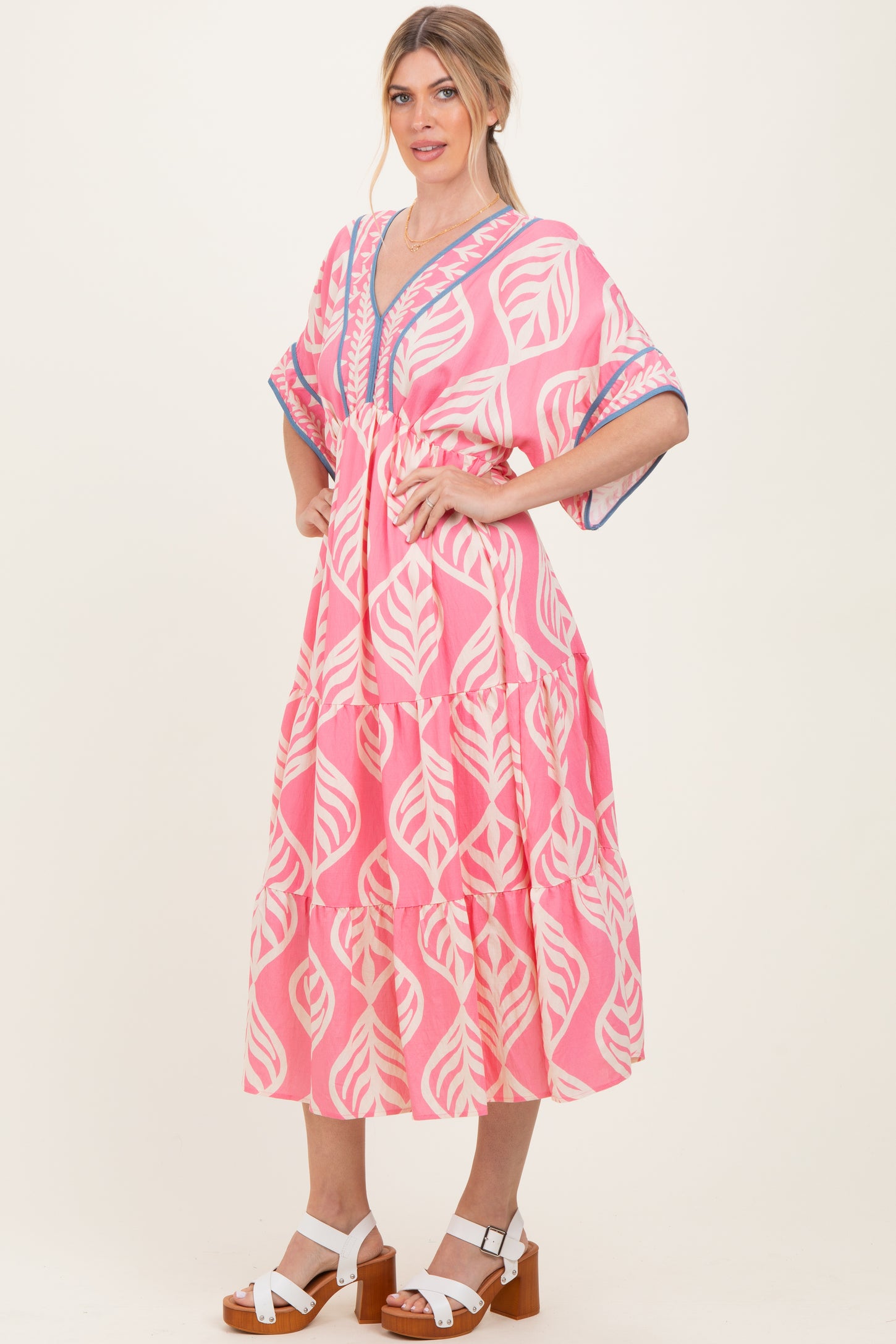 Pink Printed Dolman Sleeve Maxi Dress