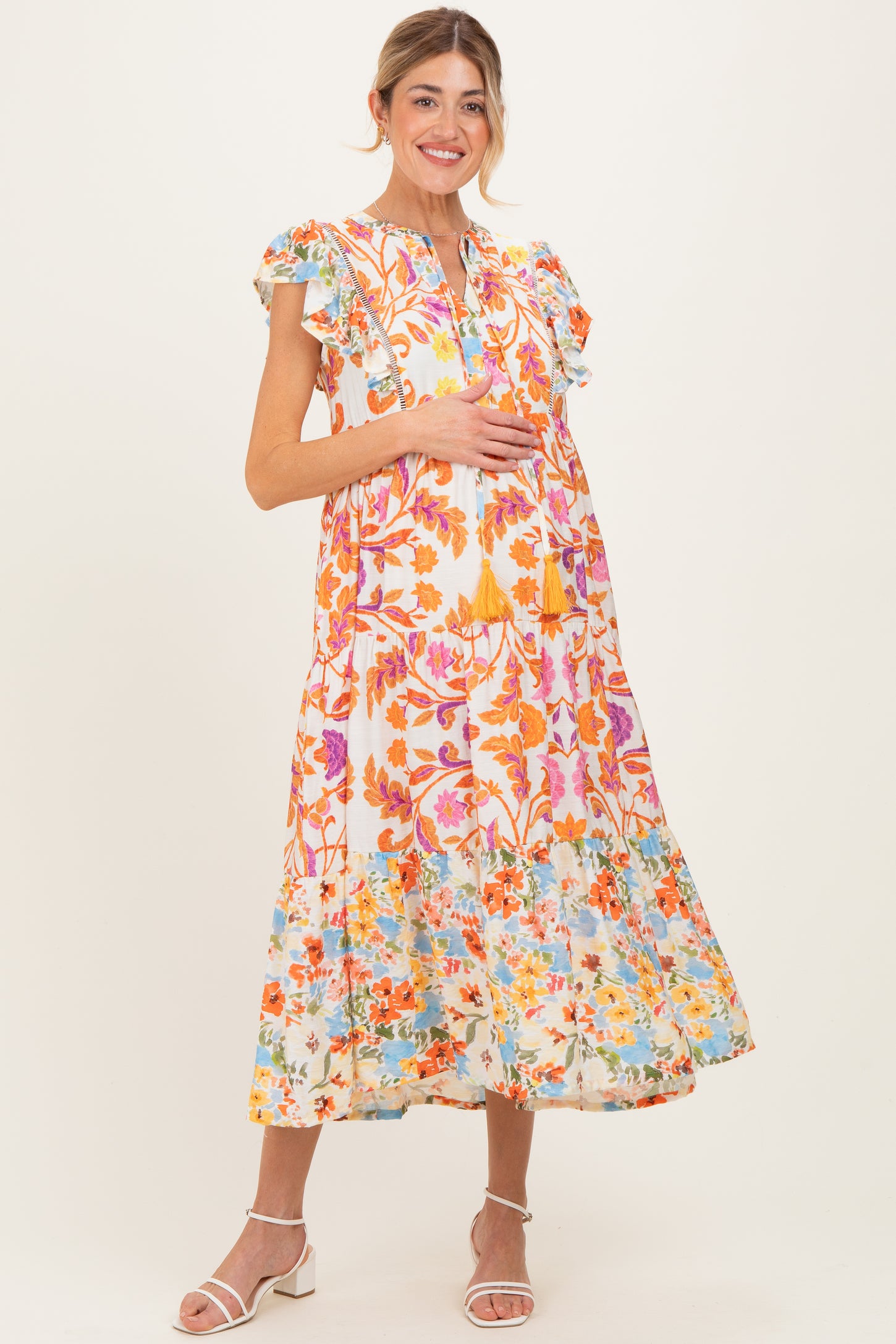 Orange Colorblock Floral Tassel Front Tie Maternity Dress