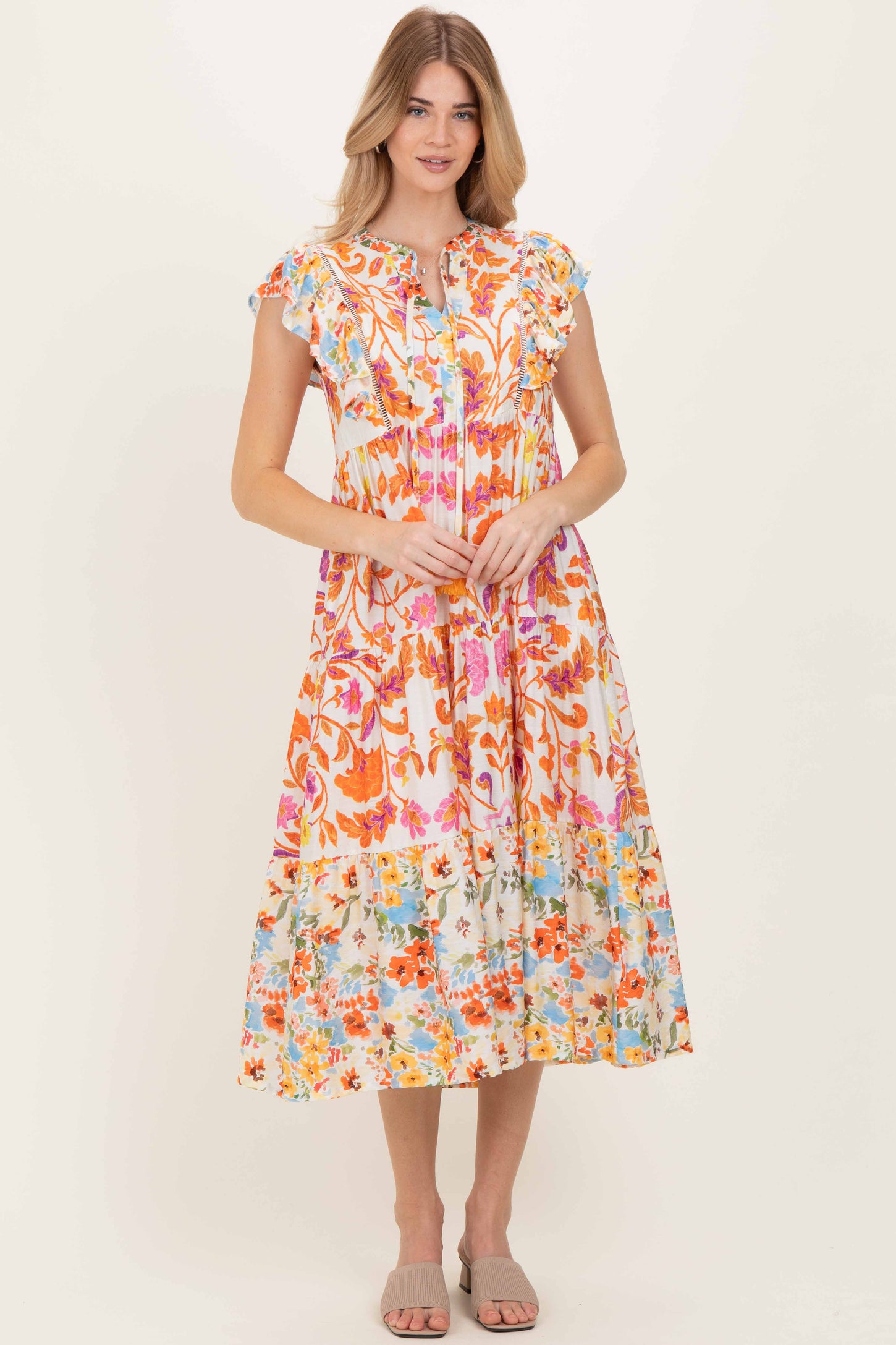 Orange Colorblock Floral Tassel Front Tie Dress