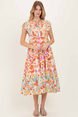 Orange Colorblock Floral Tassel Front Tie Maternity Dress