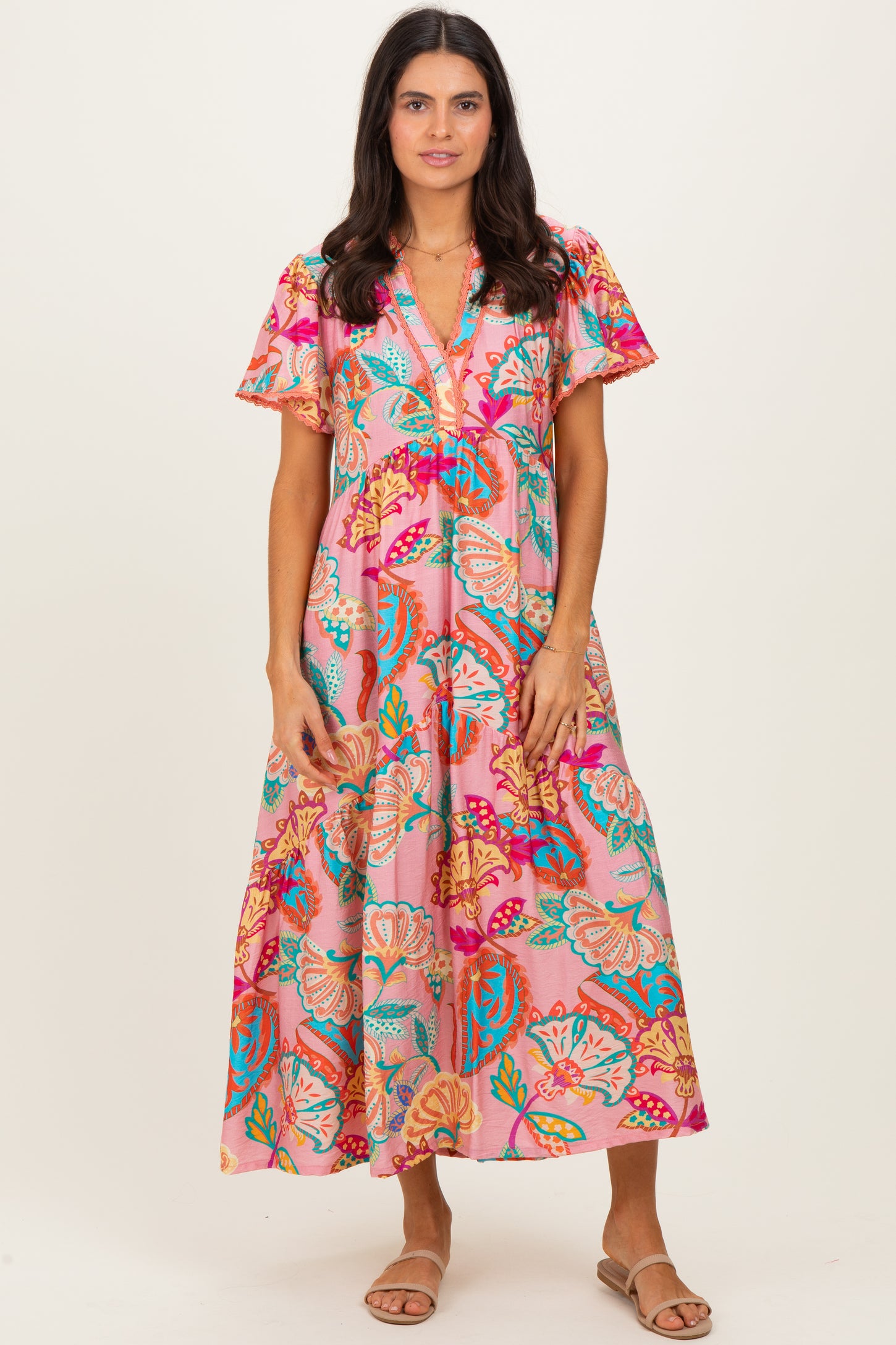 Pink Boho Print Lace Trim Tiered Maternity Midi Dress