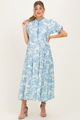 Light Blue Paisley Print Tiered Maternity Midi Dress