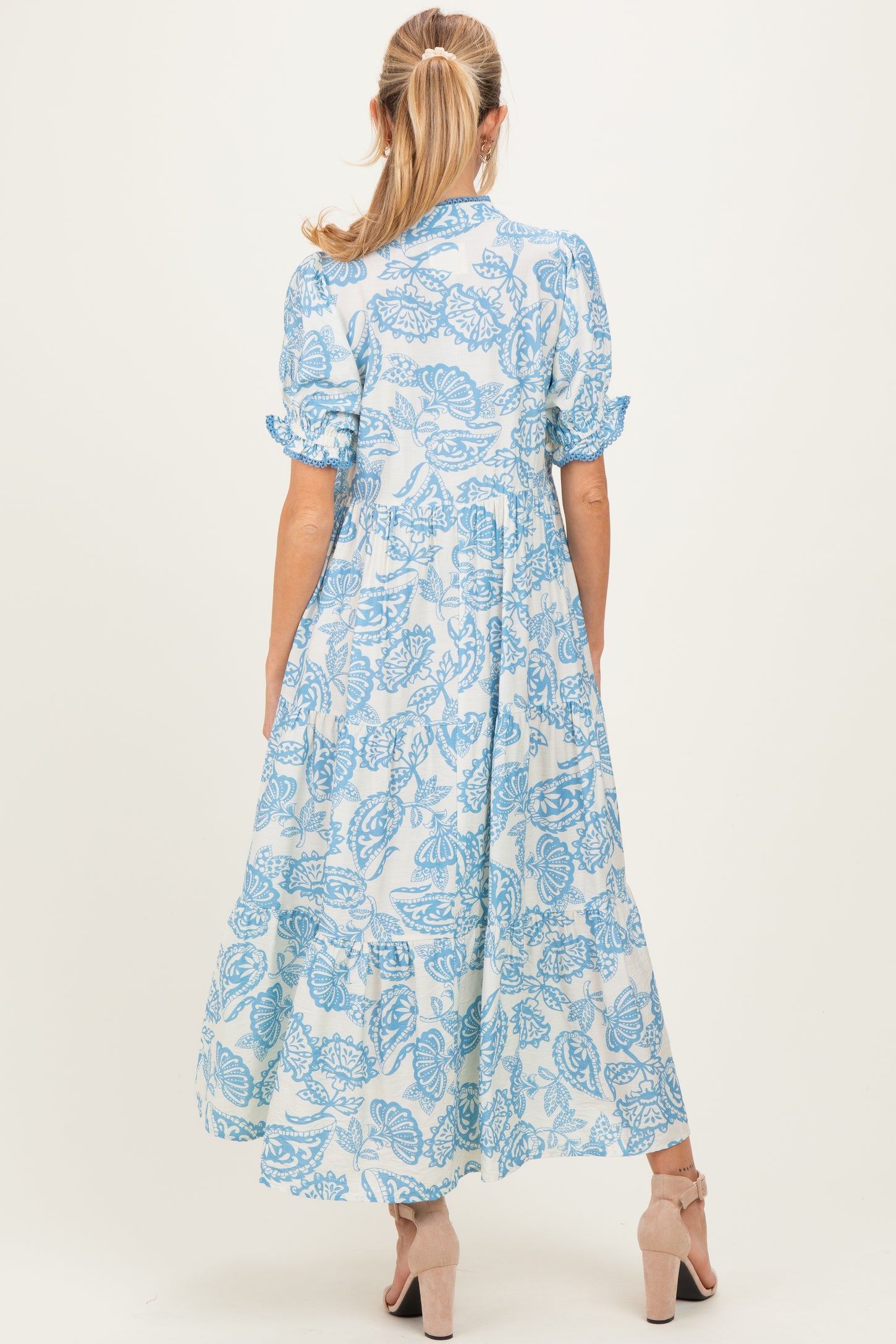Light Blue Paisley Print Tiered Maternity Midi Dress