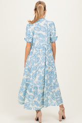 Light Blue Paisley Print Tiered Maternity Midi Dress