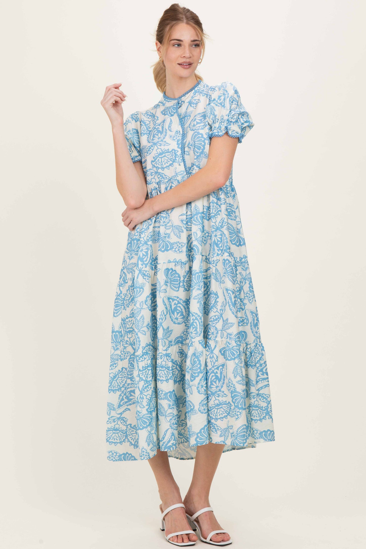 Light Blue Paisley Print Tiered Maternity Midi Dress