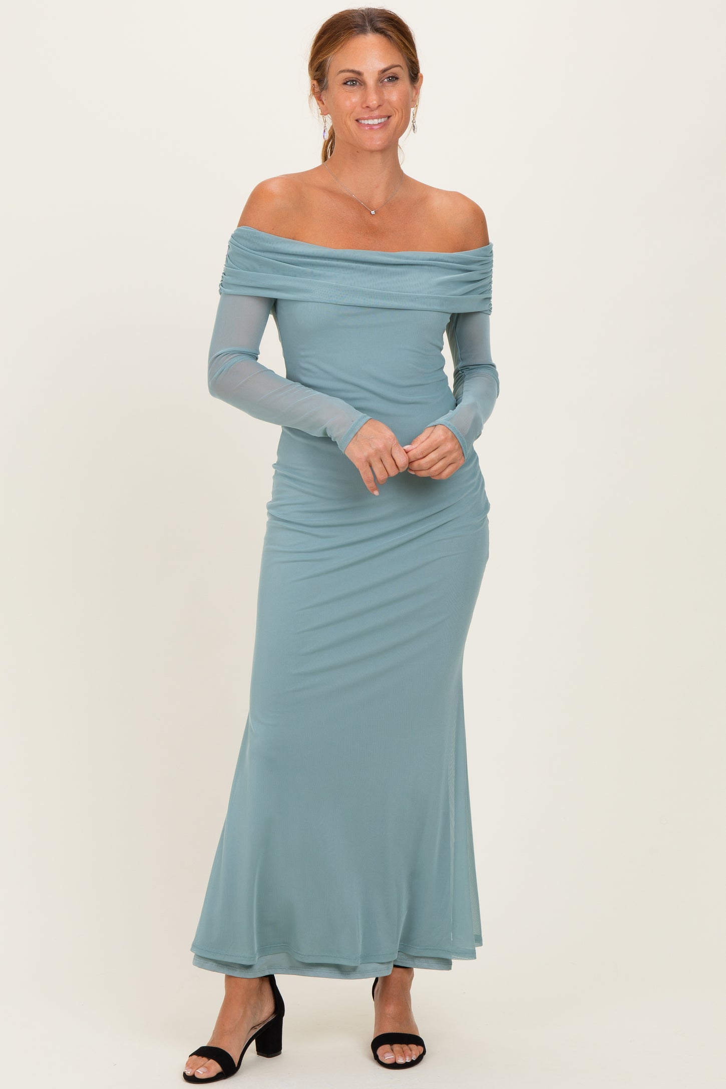 Blue Mesh Overlay Off Shoulder Long Sleeve Midi Dress