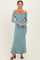 Blue Mesh Overlay Off Shoulder Long Sleeve Midi Dress