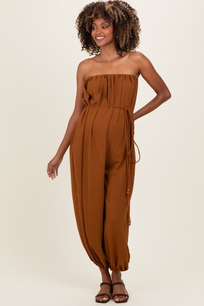 Sepia Strapless Waist Tie Maternity Jumpsuit
