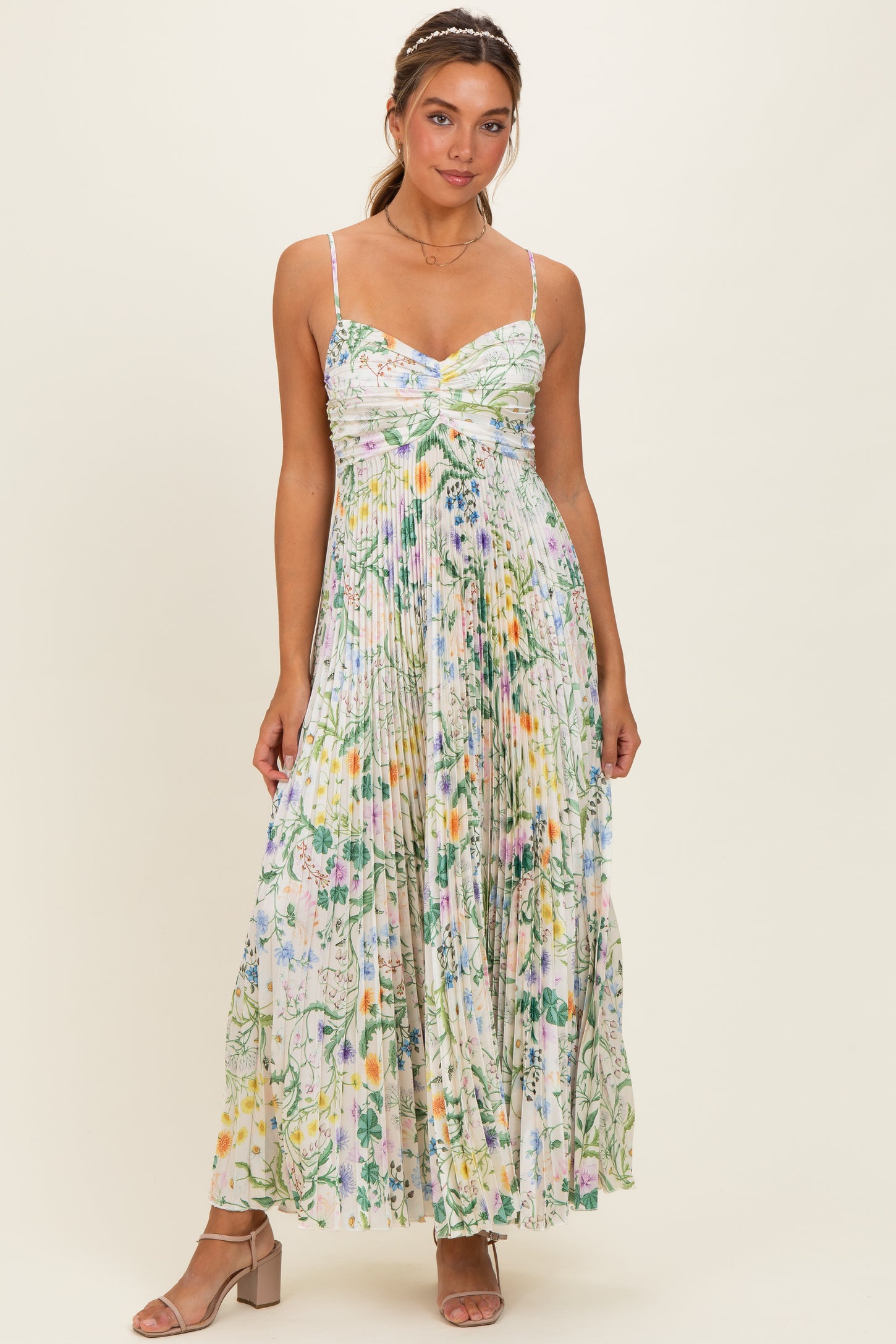 Ivory Floral Pleated Sleeveless Maxi Dress