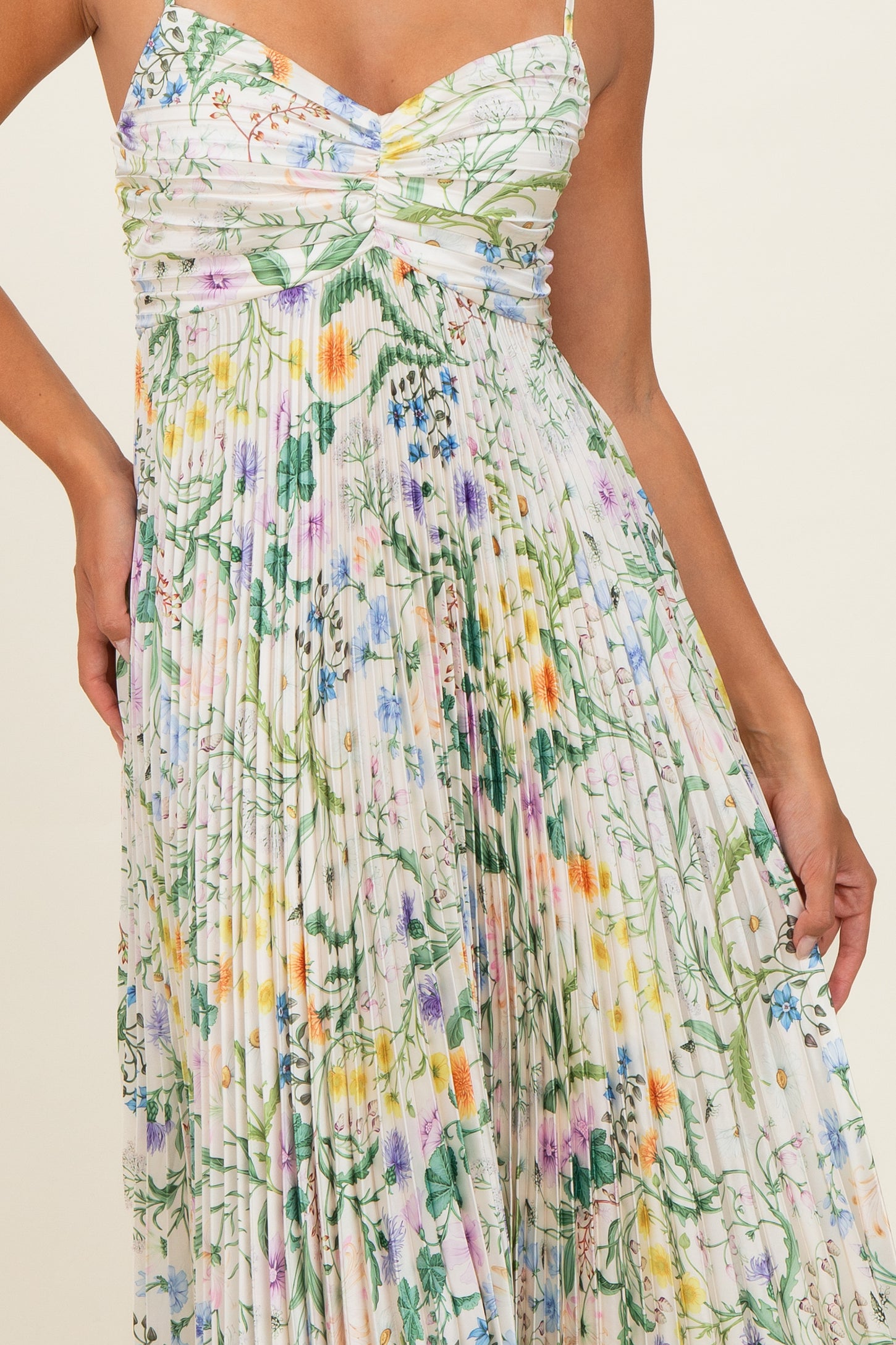 Ivory Floral Pleated Sleeveless Maxi Dress