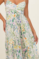 Ivory Floral Pleated Sleeveless Maxi Dress