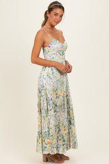 Ivory Floral Pleated Sleeveless Maxi Dress