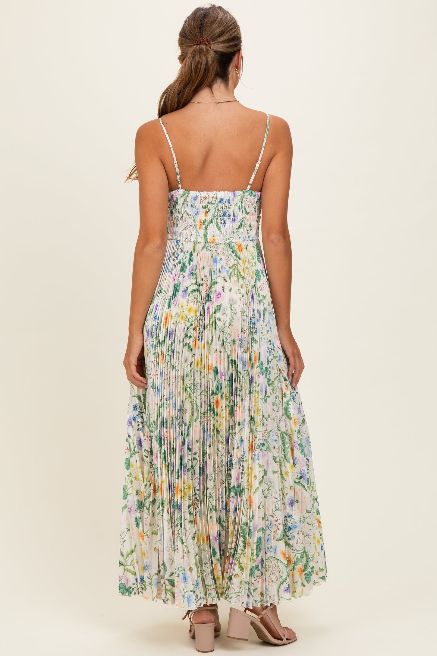 Ivory Floral Pleated Sleeveless Maxi Dress