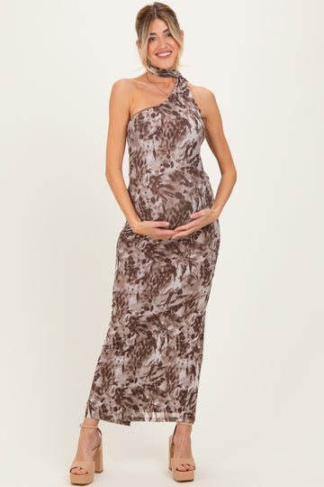 Mocha Printed Halter Maternity Maxi Dress