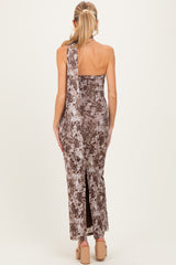 Mocha Printed Halter Maternity Maxi Dress
