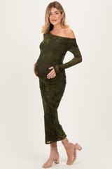 Olive Floral Mesh Overlay One Shoulder Maternity Dress