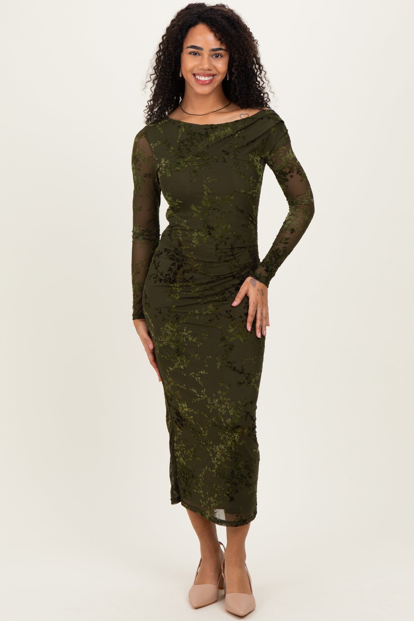 Olive Floral Mesh Overlay One Shoulder Dress