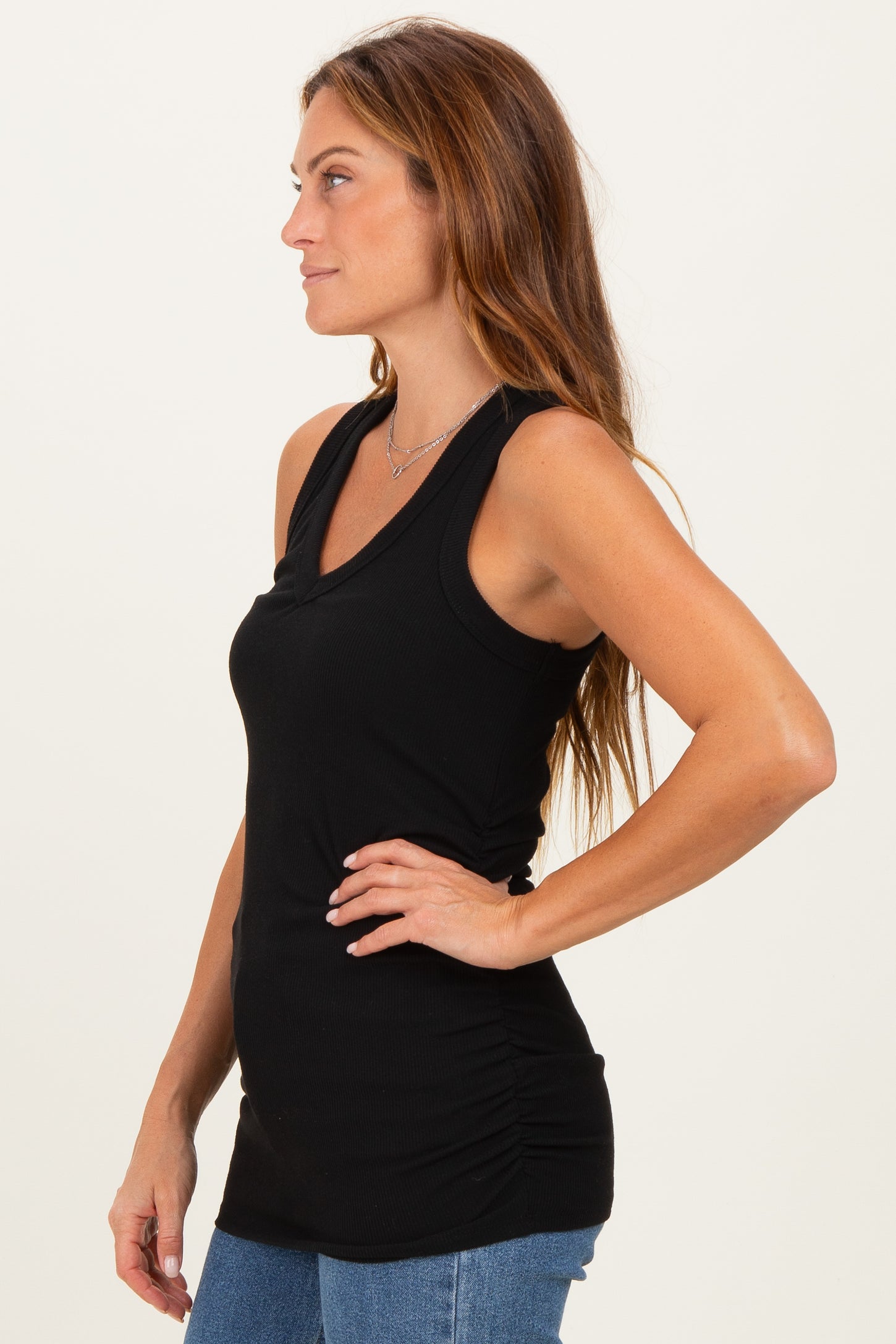 Black Ribbed Sleeveless Ruched Tank Top