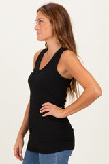 Black Ribbed Sleeveless Ruched Tank Top