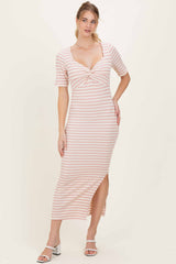 Cream/ Pink Striped Knit Short Sleeve Maternity Maxi Dress